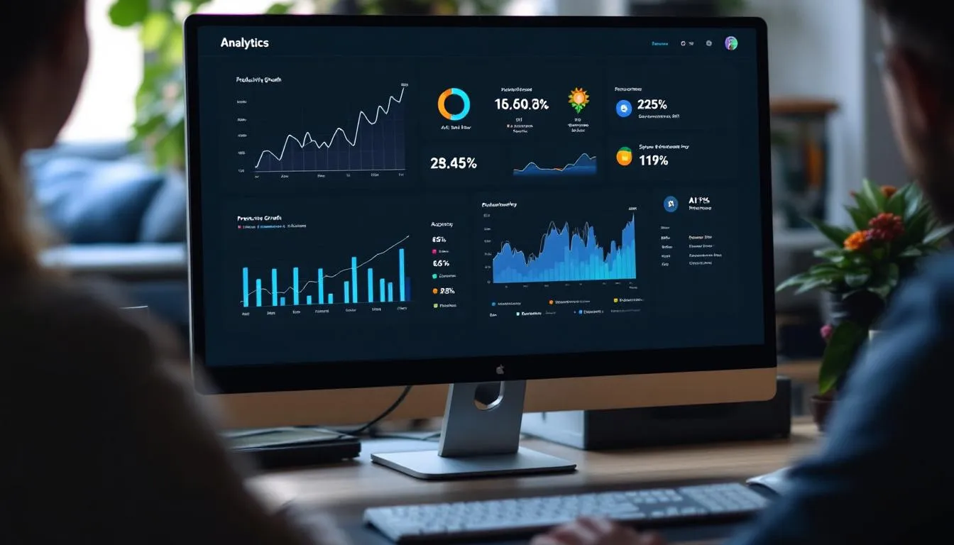 An analytics dashboard displayed on a computer screen showcases productivity growth charts and performance metrics of various AI tools, illustrating the effectiveness of AI productivity tools in project management and content creation. The data highlights real-time insights into user engagement and task completion, emphasizing the importance of integrating AI features for optimal productivity.