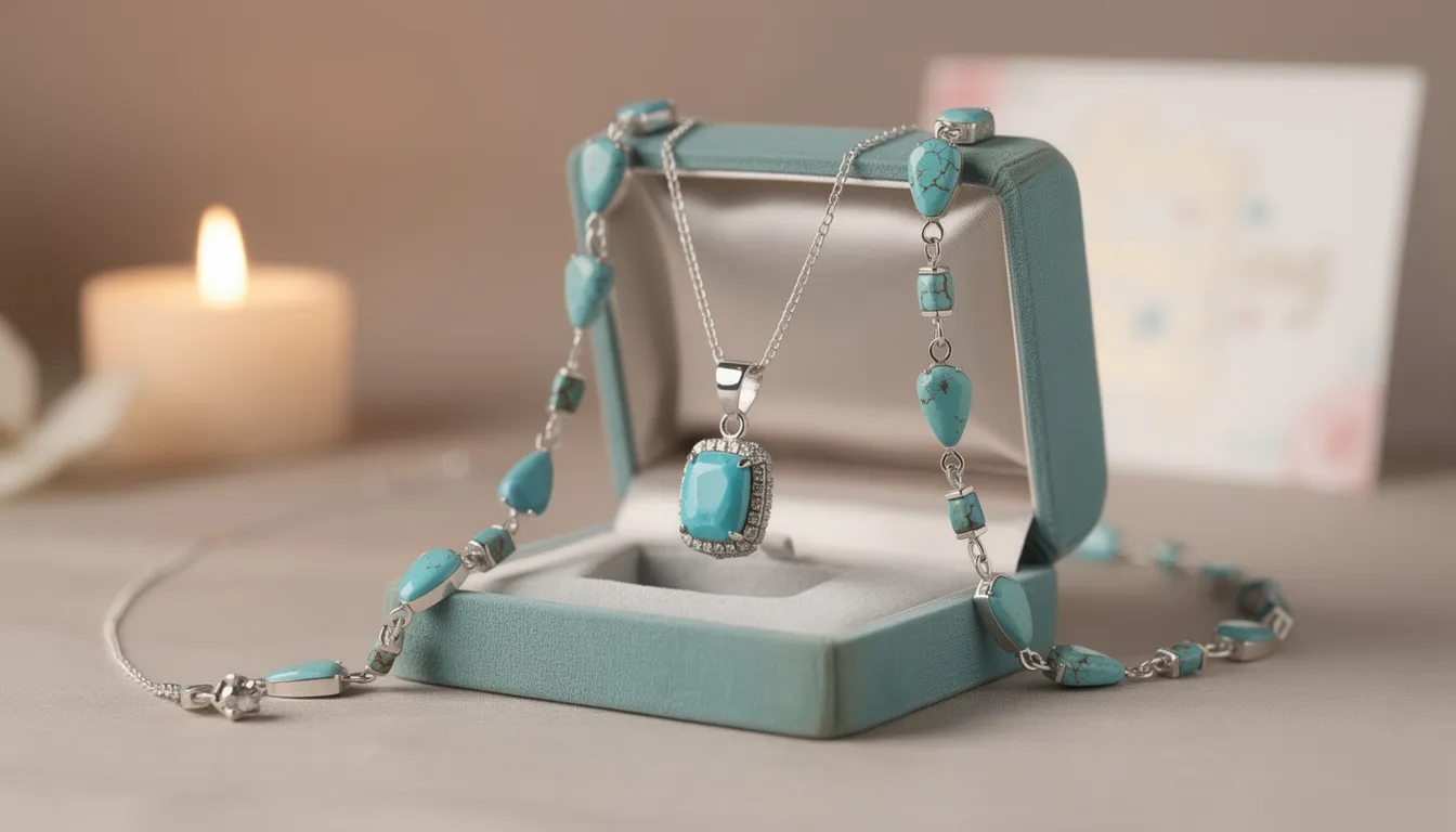 The image features a beautifully crafted turquoise necklace set in sterling silver, showcasing its vibrant blue color. This meaningful gift symbolizes peace, protection, and love, making it a perfect accessory for special occasions or everyday wear.