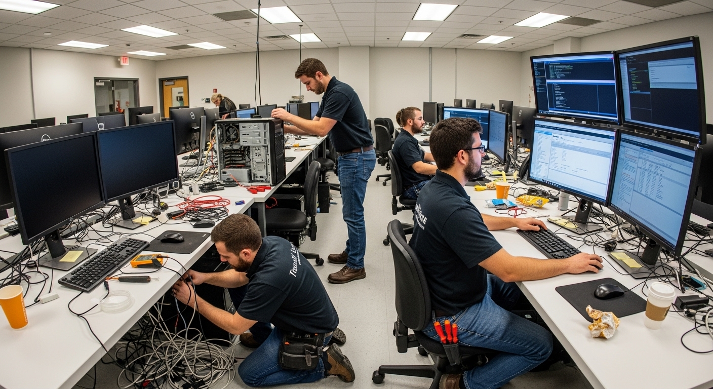 IT team managing rows of desktop computers in a lab, emphasizing high maintenance workload.