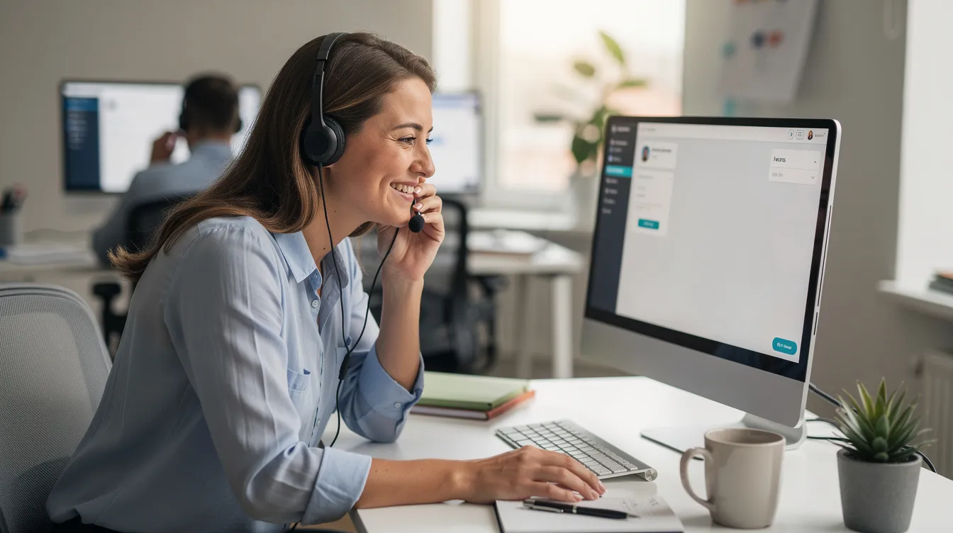 The image depicts a customer service agent engaged in a warm and empathetic phone conversation, demonstrating human connection and emotional intelligence at their desk. This scene highlights the importance of human agents in providing exceptional customer service experiences, especially when addressing complex issues and customer inquiries that require empathy and critical thinking.