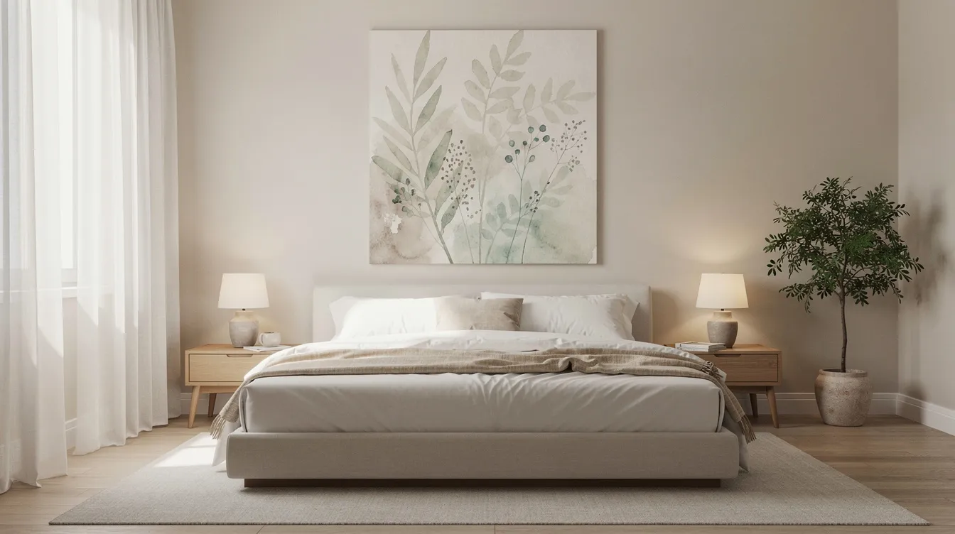 The image features a calm bedroom interior adorned with soft botanical artwork above the bed, creating a serene atmosphere. The nature-inspired wall art complements the earthy tones of the decor, enhancing the tranquil space with a touch of the natural world.
