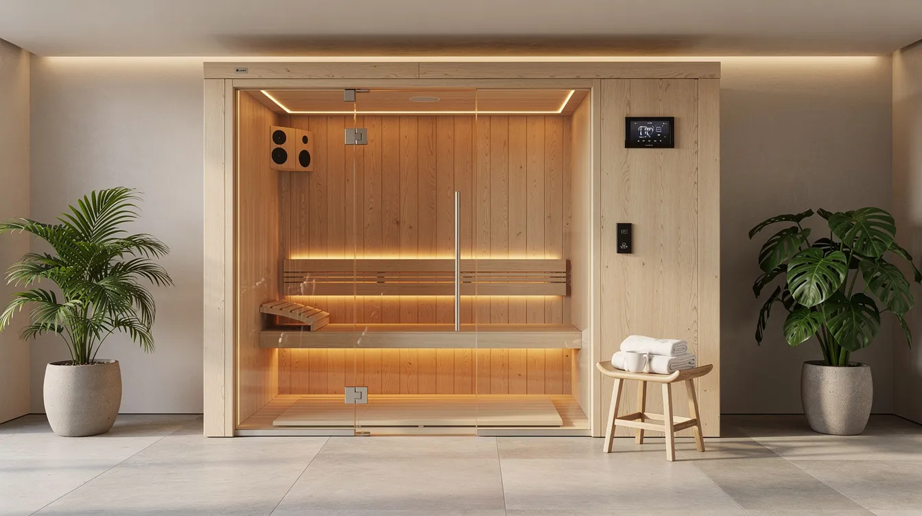 The image depicts a modern home sauna installation in a wellness room, featuring a natural wood structure complemented by ambient lighting. This sauna environment is designed for relaxation and may include high-quality appliances, ensuring a premium sauna experience while adhering to warranty guidelines for parts and service.