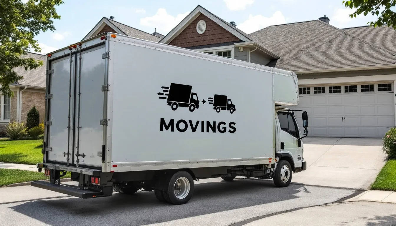 Billedet viser en professionel flyttebil med logo parkeret udenfor et hus, klar til en effektiv flytning. Flyttefirmaet tilbyder sikre transportløsninger og grundig planlægning for en problemfri flytteoplevelse til dit nye hjem.