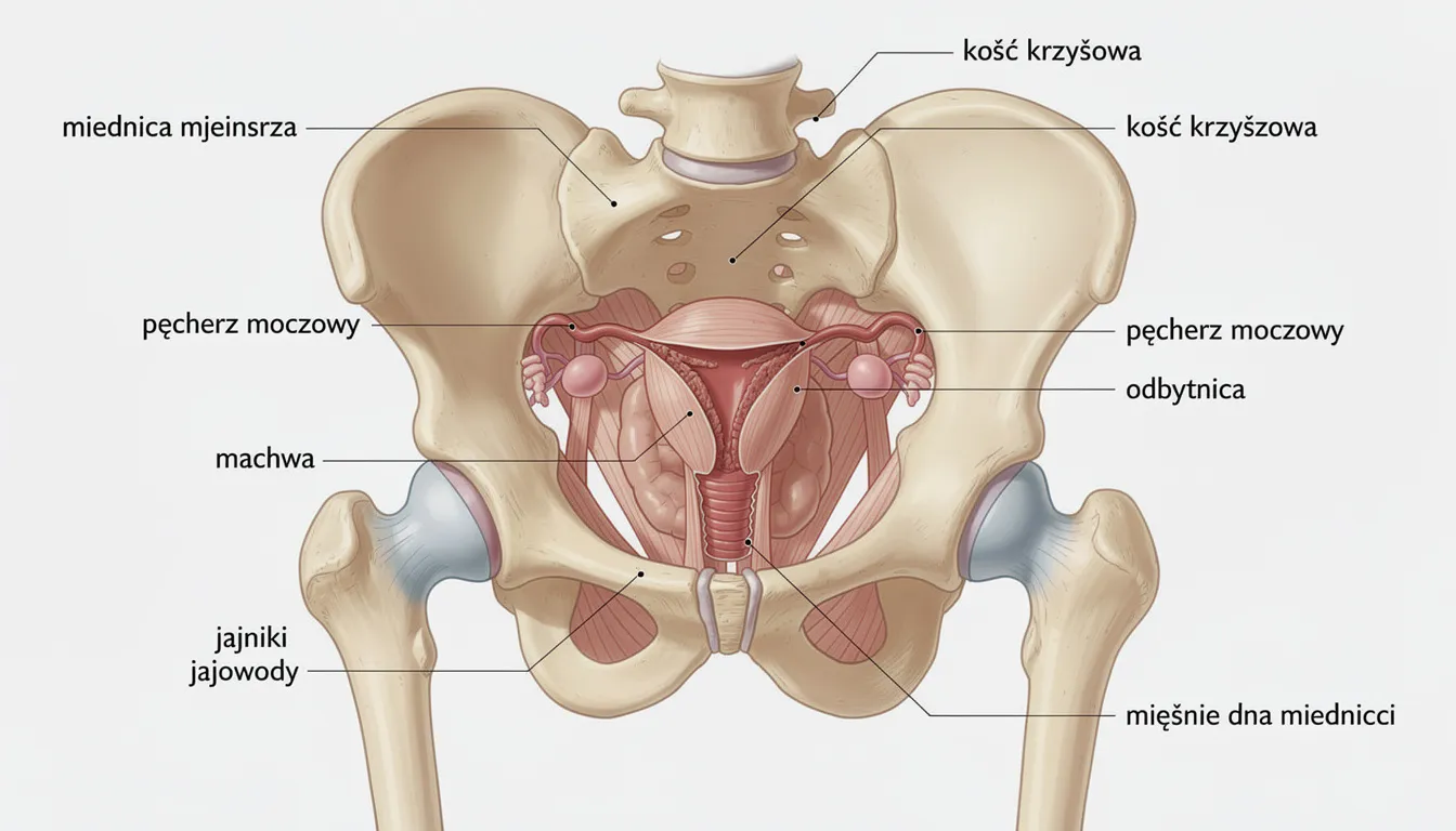Przekrój przez miednicę ukazuje przestrzeń miednicy mniejszej z widocznymi narządami wewnętrznymi, takimi jak kości miedniczne oraz staw biodrowy, co pozwala zrozumieć anatomię człowieka i związane z nią schorzenia, takie jak choroba zwyrodnieniowa stawów. W obrazie można dostrzec głowę kości udowej oraz inne istotne elementy układu kostno-mięśniowego.