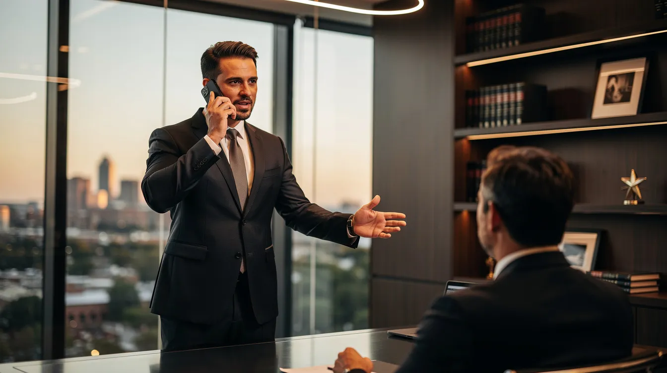 A confident male criminal defense lawyer, dressed in a tailored suit, engages with a client in a modern Nashville law office, showcasing a warm and professional atmosphere with a subtle skyline in the background. The image reflects the high-end aesthetic of a law firm, emphasizing legal representation and support for individuals facing criminal charges in Nashville.