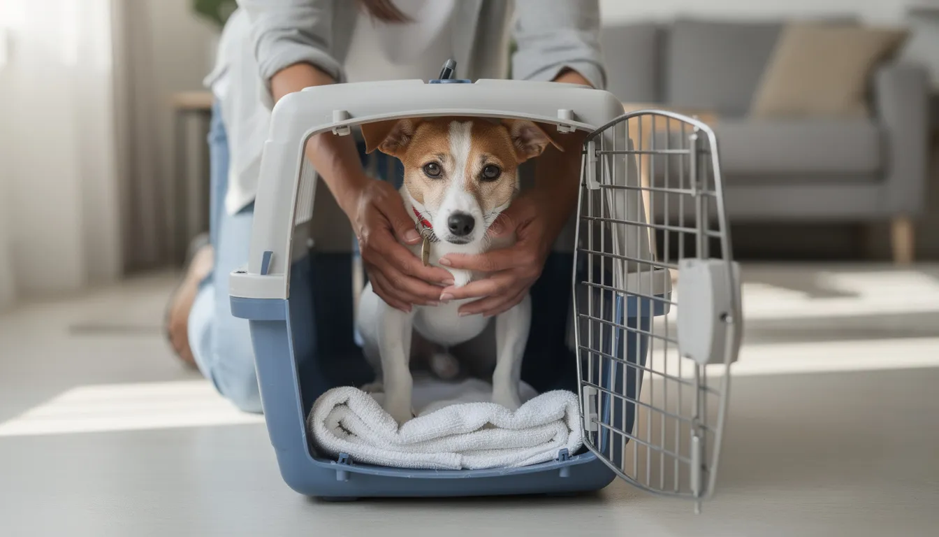 A pet owner is gently placing a small dog into a travel carrier, which is lined with a soft towel, ensuring the pet feels calm and secure. This action is crucial in emergency situations, where immediate veterinary care may be needed for an injured pet.