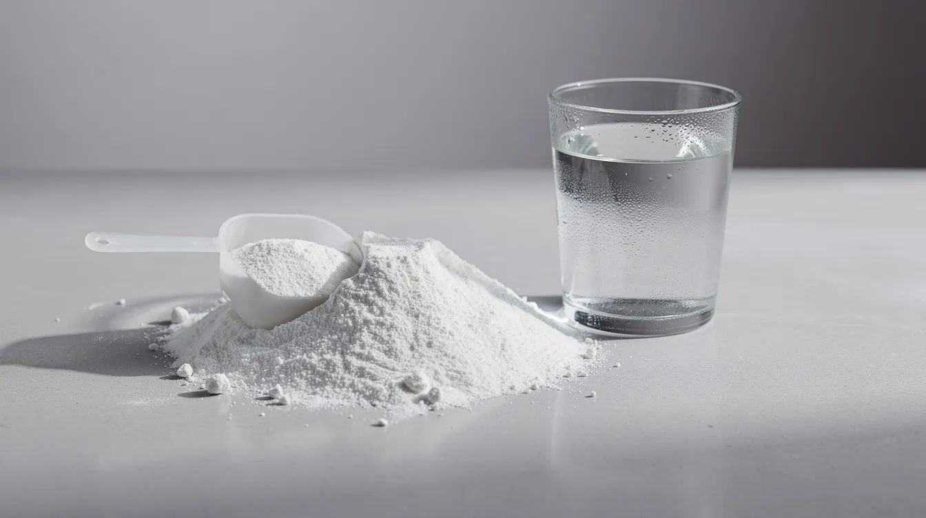 The image features a clean scoop of creatine powder placed next to a glass of water, highlighting the convenience of creatine supplementation for fitness enthusiasts. This vegan-friendly supplement is often used to improve muscle strength and enhance athletic performance during high-intensity exercise.