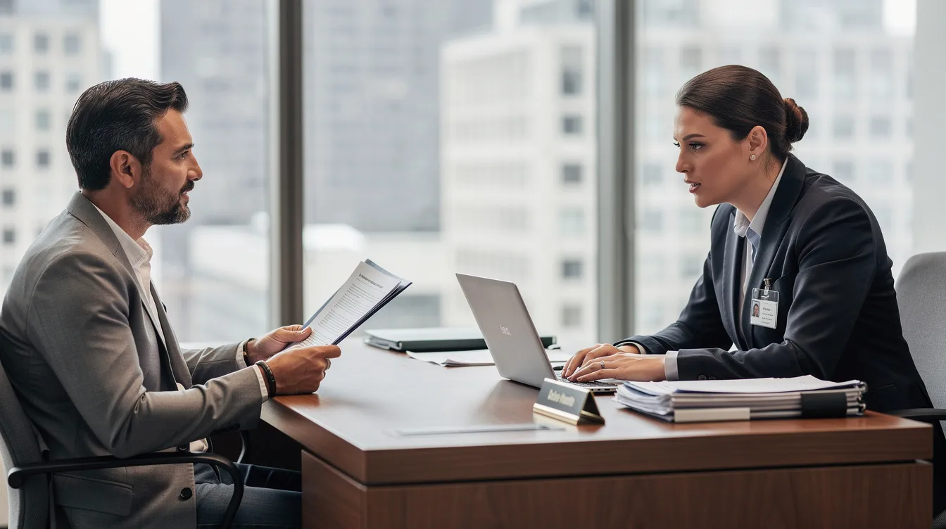 4c4b8dd0 34d8 4f1d b924 eda928ca9ee8 The image depicts a professional meeting between a small business owner and a bank officer, seated across a desk, discussing the potential extension of a mudra loan for the entrepreneur's micro enterprise. The setting reflects a formal atmosphere, emphasizing the importance of financial assistance and the business owner's satisfactory credit track record in securing funding from various financial institutions.