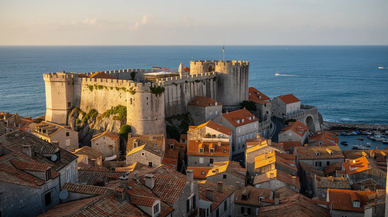 A imagem mostra uma cidade murada à beira-mar, com telhados alaranjados e imponentes muralhas de pedra. Ao fundo, é possível ver o Mar Adriático, que complementa a beleza da arquitetura histórica da Croácia.