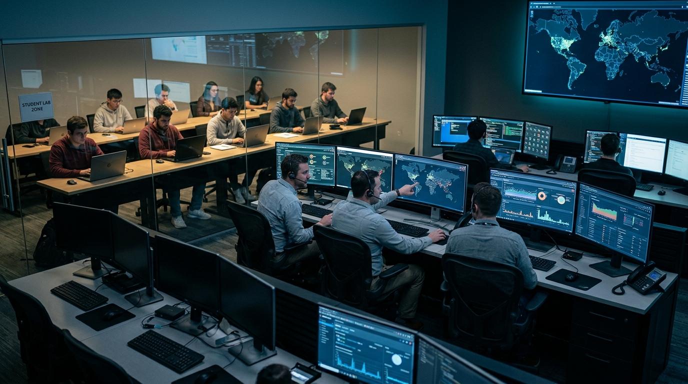 Cybersecurity operations center overseeing encrypted cloud-based virtual lab environments with students working securely on laptops in the background.