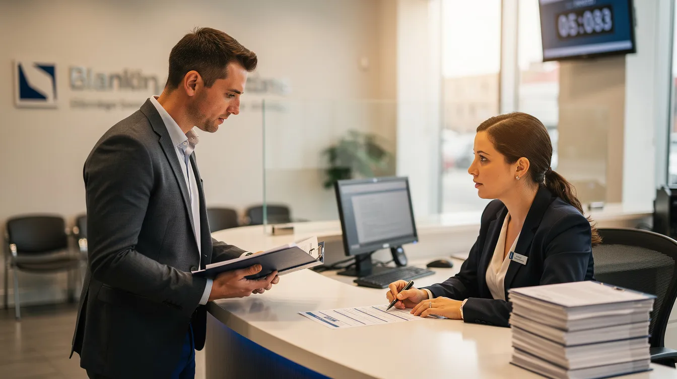 4c4d0227 58a0 4317 b5a0 9ee2d458ea01 A small business owner is engaged in a discussion with a bank officer at a branch counter, reviewing paperwork related to a business loan application under the Pradhan Mantri Mudra Yojana. The scene highlights the importance of financial assistance for micro enterprises, as they navigate the loan process to secure collateral-free funding for their income-generating activities.