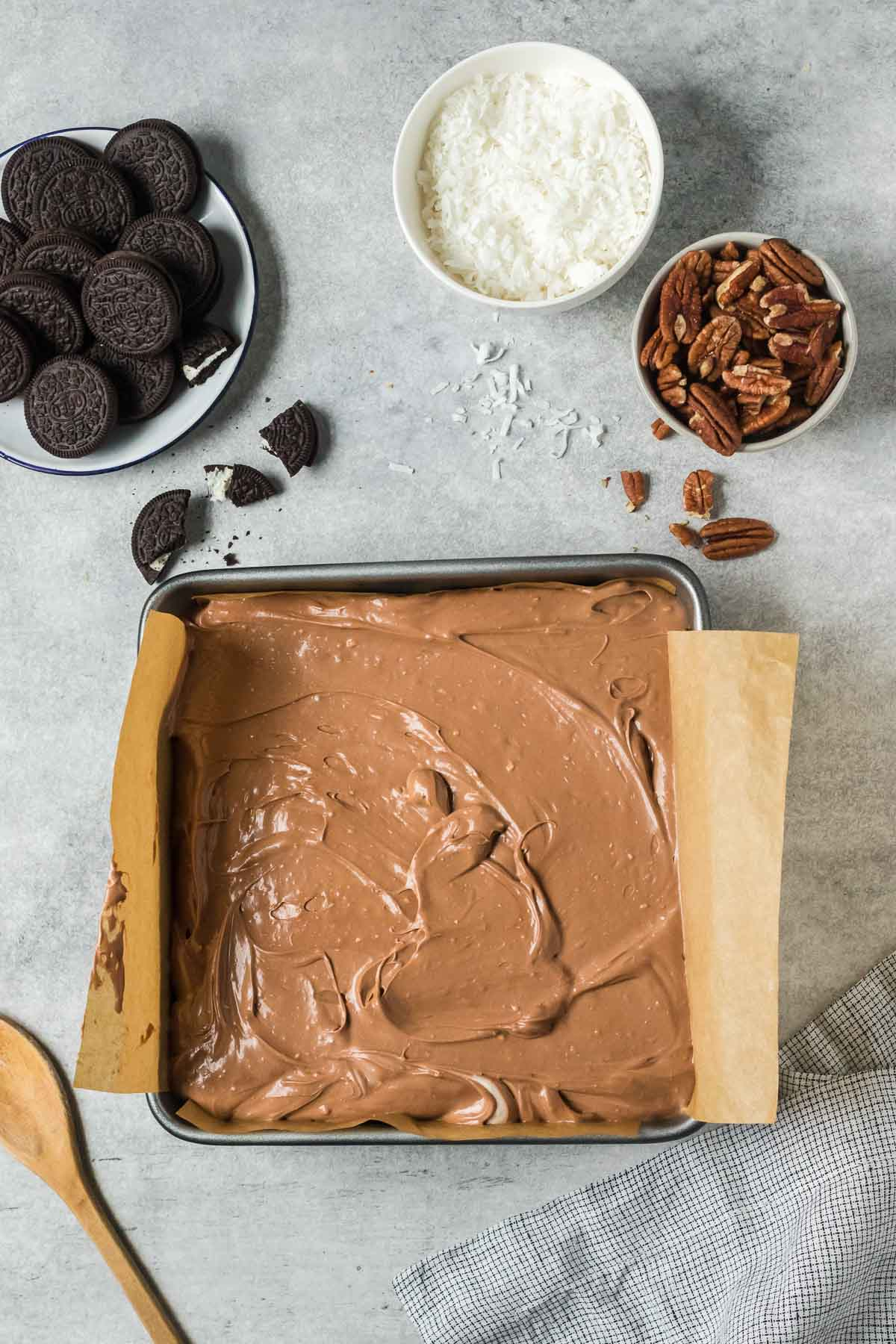chocolate cheesecake batter in pan