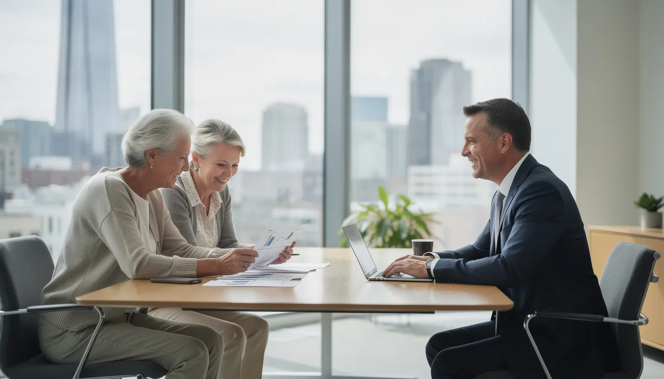 A professional financial advisor is meeting with an older couple in a modern office filled with natural light from large windows, discussing personalized financial advice and strategies for their financial future and retirement planning. The atmosphere conveys a sense of trust and collaboration as they focus on achieving the couple's unique financial goals.