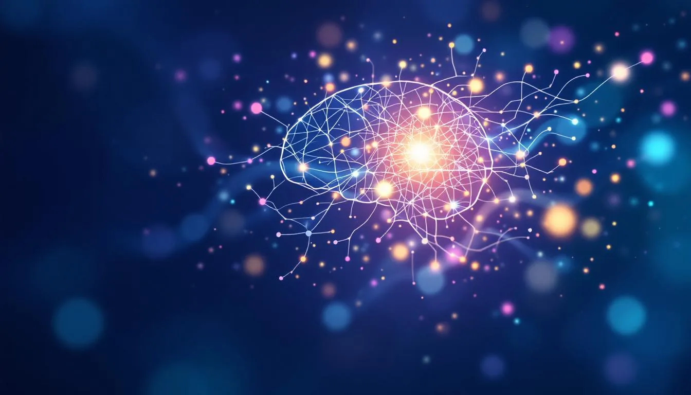 Obraz przedstawia delikatny kontur ludzkiej głowy, w której wnętrzu rozświetlają się połączenia neuronalne, otoczone płynnymi falami energii. Kolory w odcieniach niebieskiego, turkusu i fioletu tworzą spokojną atmosferę, idealną do eksploracji tematów związanych z hipnozą i podświadomością.