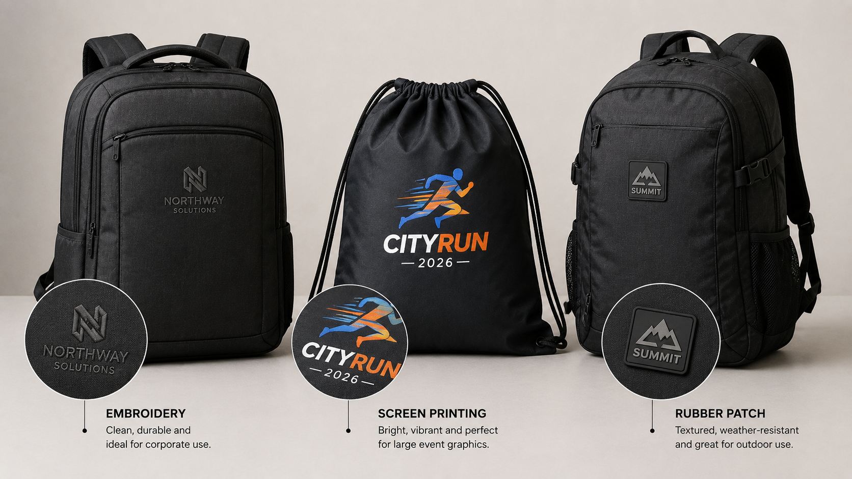 Backpacks showing embroidery, screen printing, and rubber patch branding
