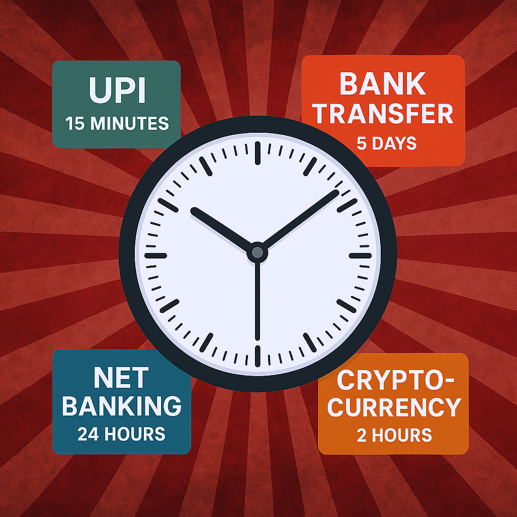 Aviator withdrawal time comparison showing processing speeds from 15 minutes UPI to 5 days bank transfer