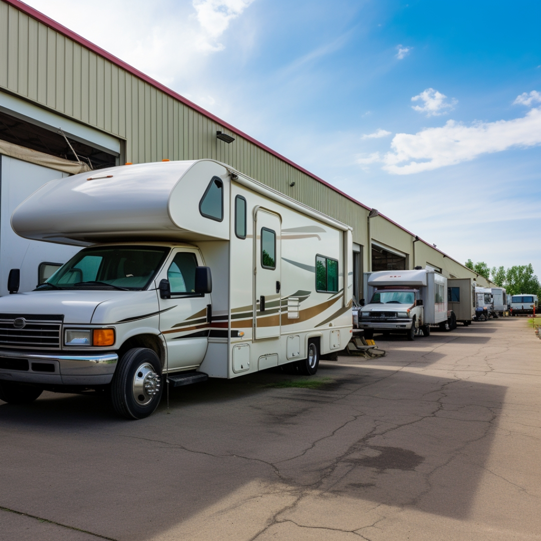 A picture of a typical RV storage facility with other recreational vehicles parked in the background