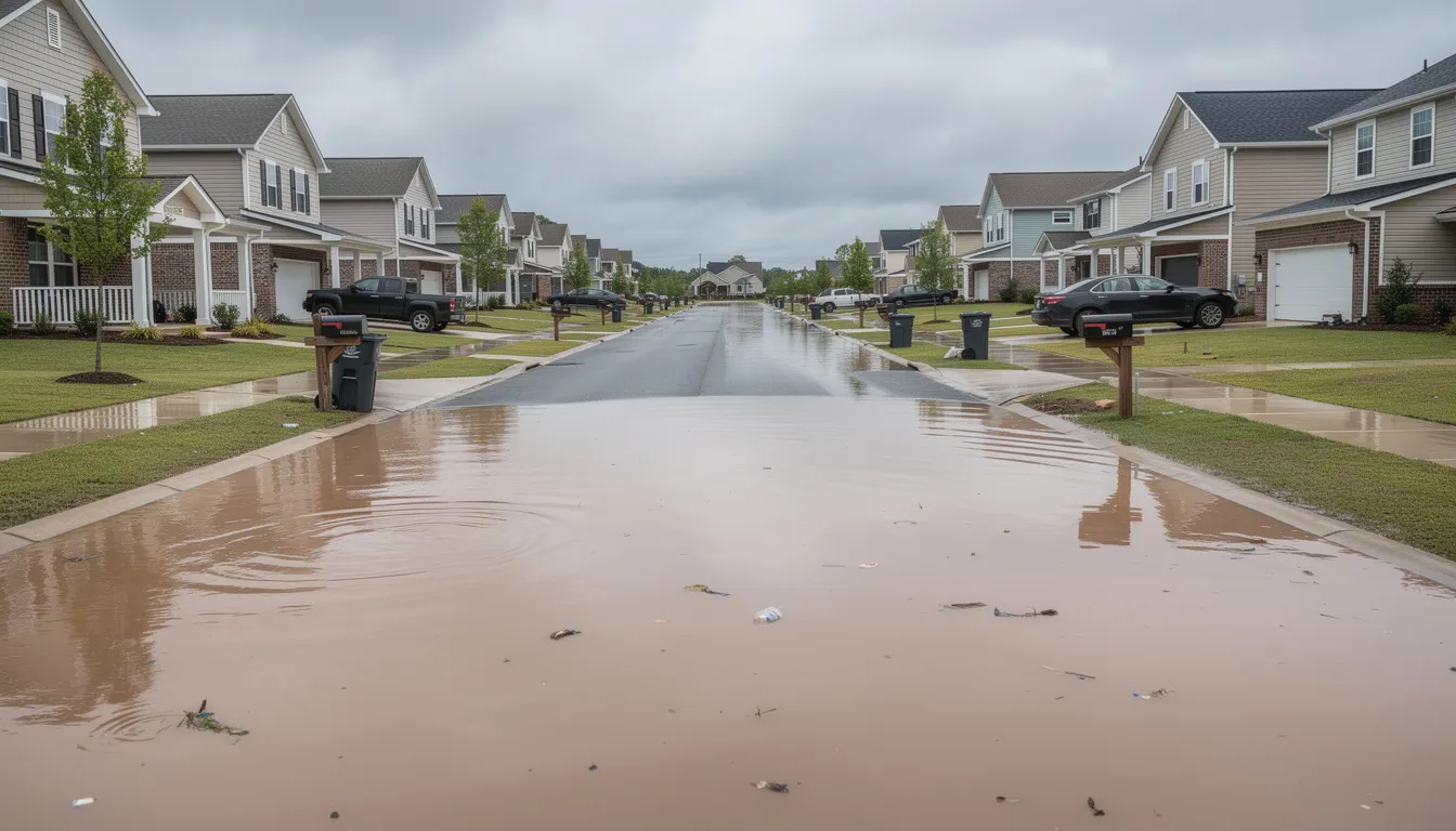 The image depicts a suburban residential street inundated with brown floodwater, which reaches the front steps of homes, indicating significant flood damage. This standing water poses various hazards, including the risk of mold growth and contamination, highlighting the need for flood cleanup and restoration efforts.
