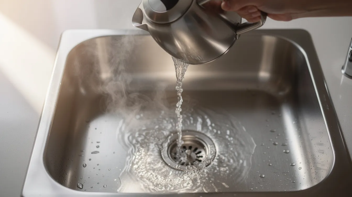 A close-up image shows a person carefully pouring hot water from a kettle into a kitchen sink drain, aimed at clearing a clogged drain. The scene highlights the process of using boiling water as a method to help dissolve stubborn clogs, such as soap scum and food particles, in the plumbing system.