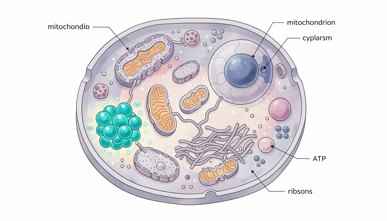 The image depicts cellular structures highlighting mitochondria and energy molecules, illustrating the importance of mitochondrial function in energy metabolism. This scientific illustration emphasizes the role of these cellular components in supporting healthy aging, reducing oxidative stress, and promoting metabolic health.