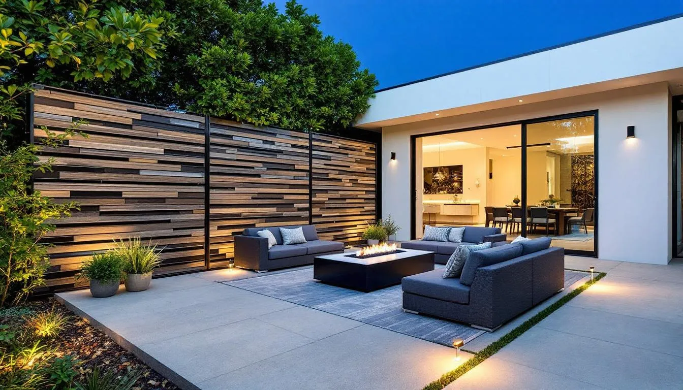 A beautifully designed outdoor living space featuring decorative screen panels for privacy screening.