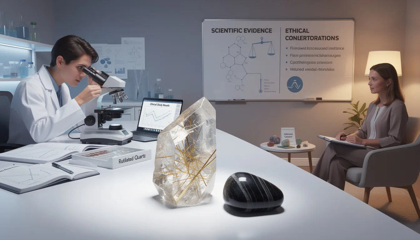 The image depicts various healing crystals, including rutilated quartz and black tourmaline, arranged aesthetically to showcase their unique shapes and colors. These powerful healing stones are believed to possess specific healing properties, promoting mental clarity and aiding in the release of negative emotions while enhancing spiritual healing.