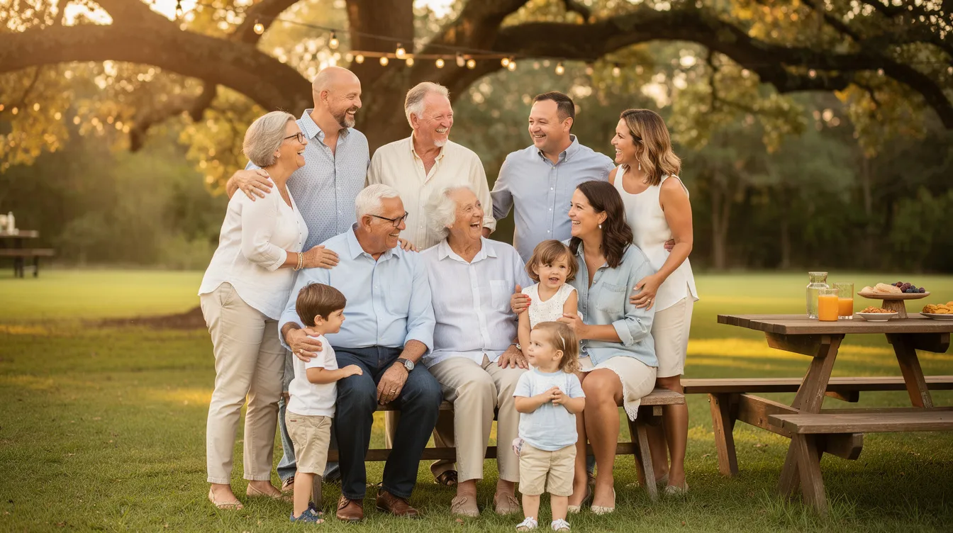 A multi-generational family is gathered together outdoors, smiling and enjoying each other's company. This scene reflects the importance of family connections, which can be crucial when considering estate planning and beneficiary designations in life insurance policies.