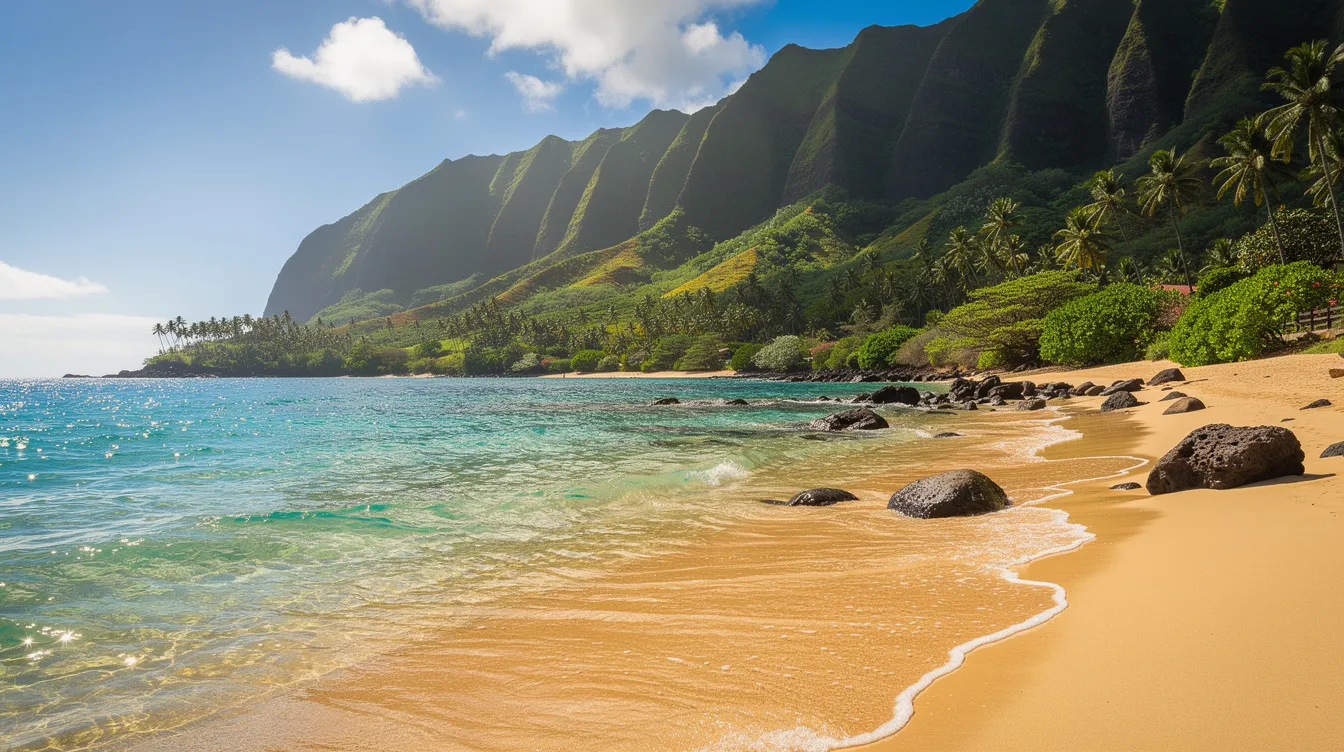The image depicts a stunning tropical Hawaiian beach, featuring soft golden sand and clear blue waters, with lush green mountains rising majestically in the background. This picturesque scene embodies the beauty of Hawaii, a state where medical cannabis laws allow for the legal use of hemp-derived products, including THCA, for residents with a medical card.