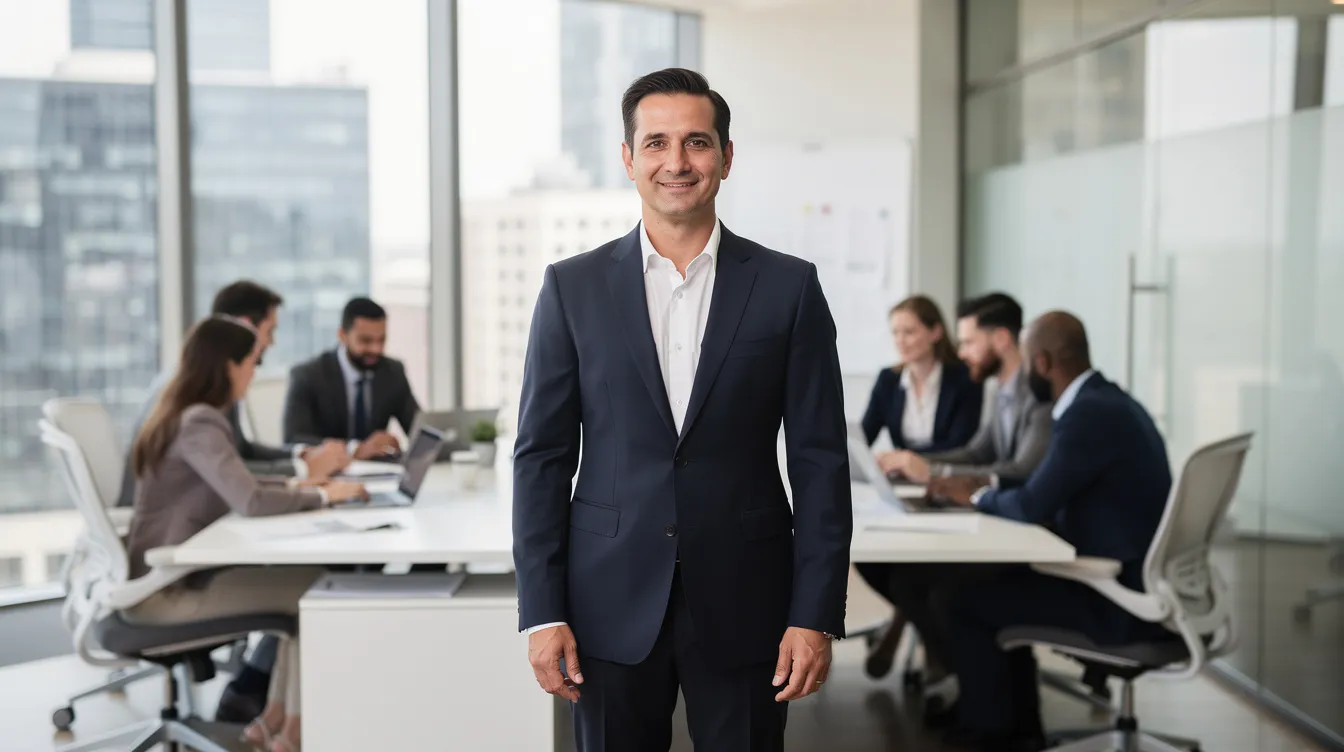 A confident small business owner in a suit stands in a modern office, representing success and professionalism, while a diverse team works diligently in the background. This image encapsulates the essence of small businesses striving for growth and access to essential funding options like merchant cash advances.