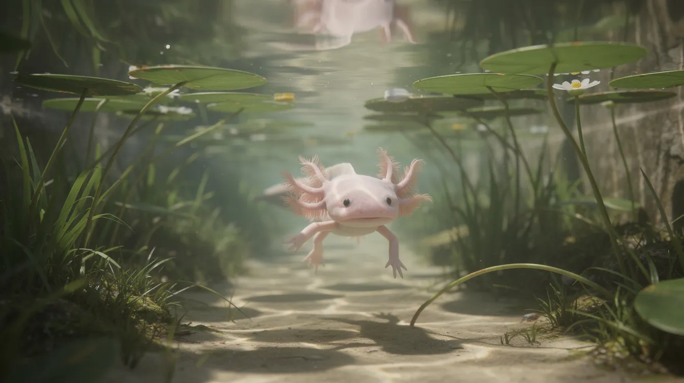 An axolotl gracefully swims in clear water, surrounded by lush aquatic plants and lily pads in a serene canal setting, showcasing the beauty of marine life and natural beauty. The scene captures the essence of biodiversity, reminiscent of the cultural heritage found in various countries' currency designs, reflecting the world's rich ecological tapestry.