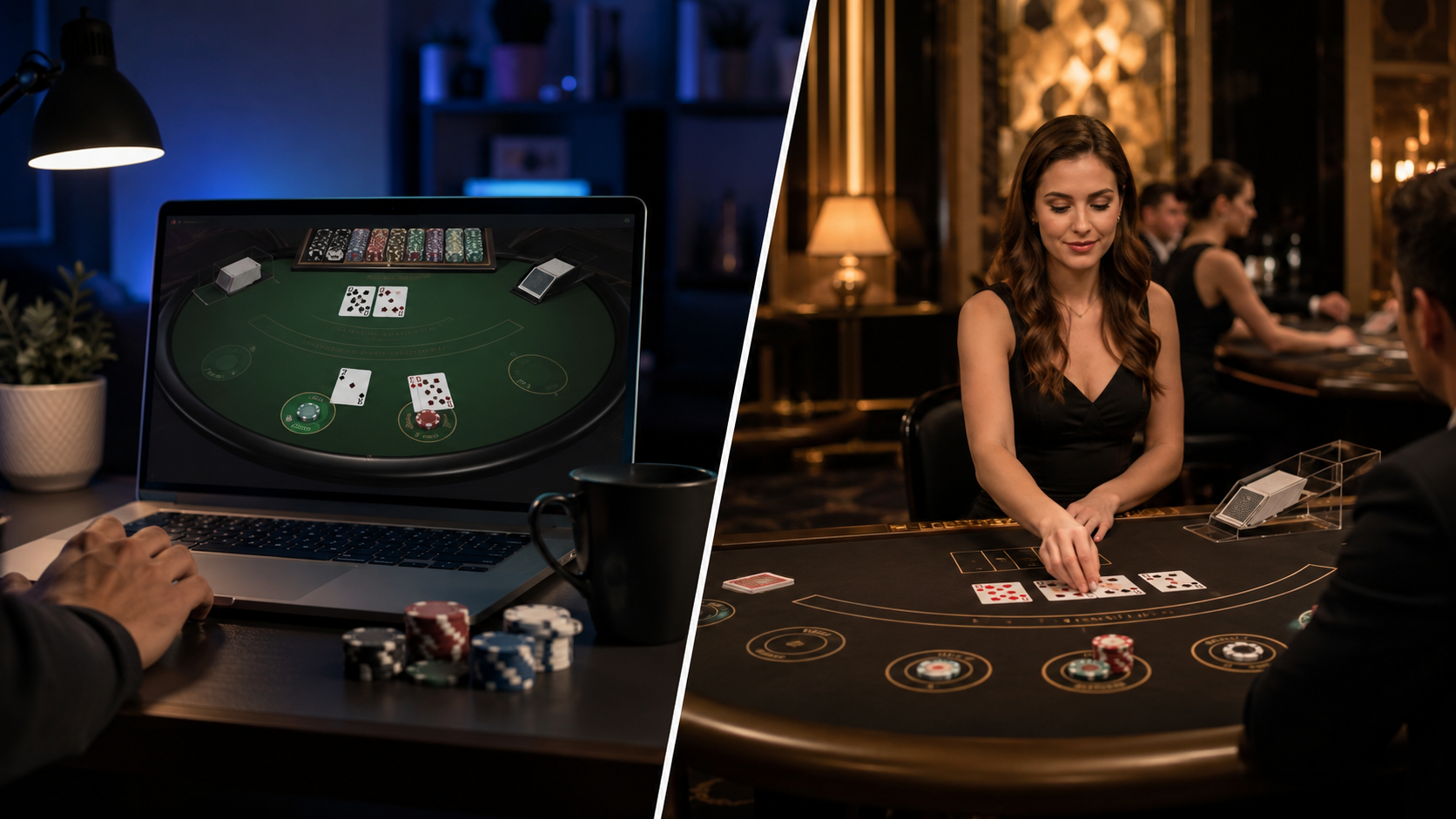 Jämförelse mellan blackjack online på dator och live casino med dealer vid spelbord.
