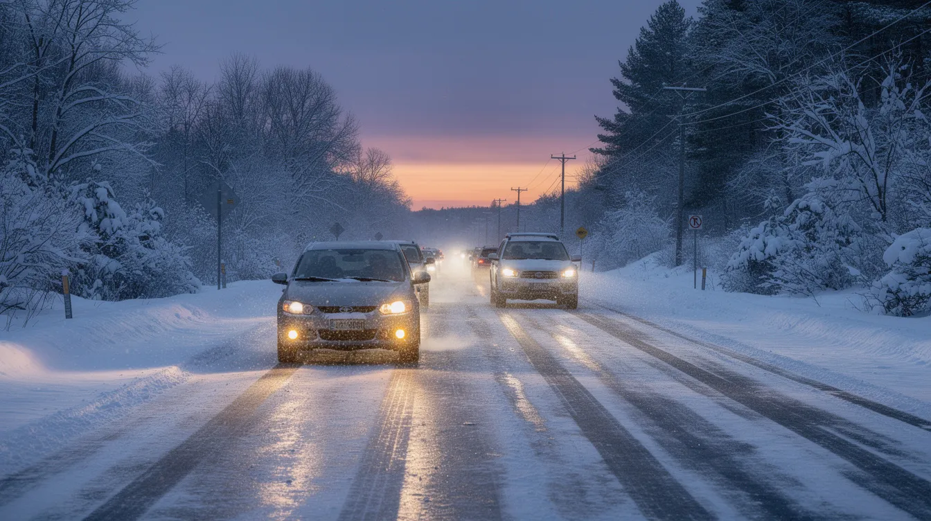 A snowy road is depicted at dusk, with cars cautiously navigating through the winter conditions. This scene highlights the importance of having adequate car insurance coverage, especially during adverse weather, to protect against potential accidents and ensure safety on the road.