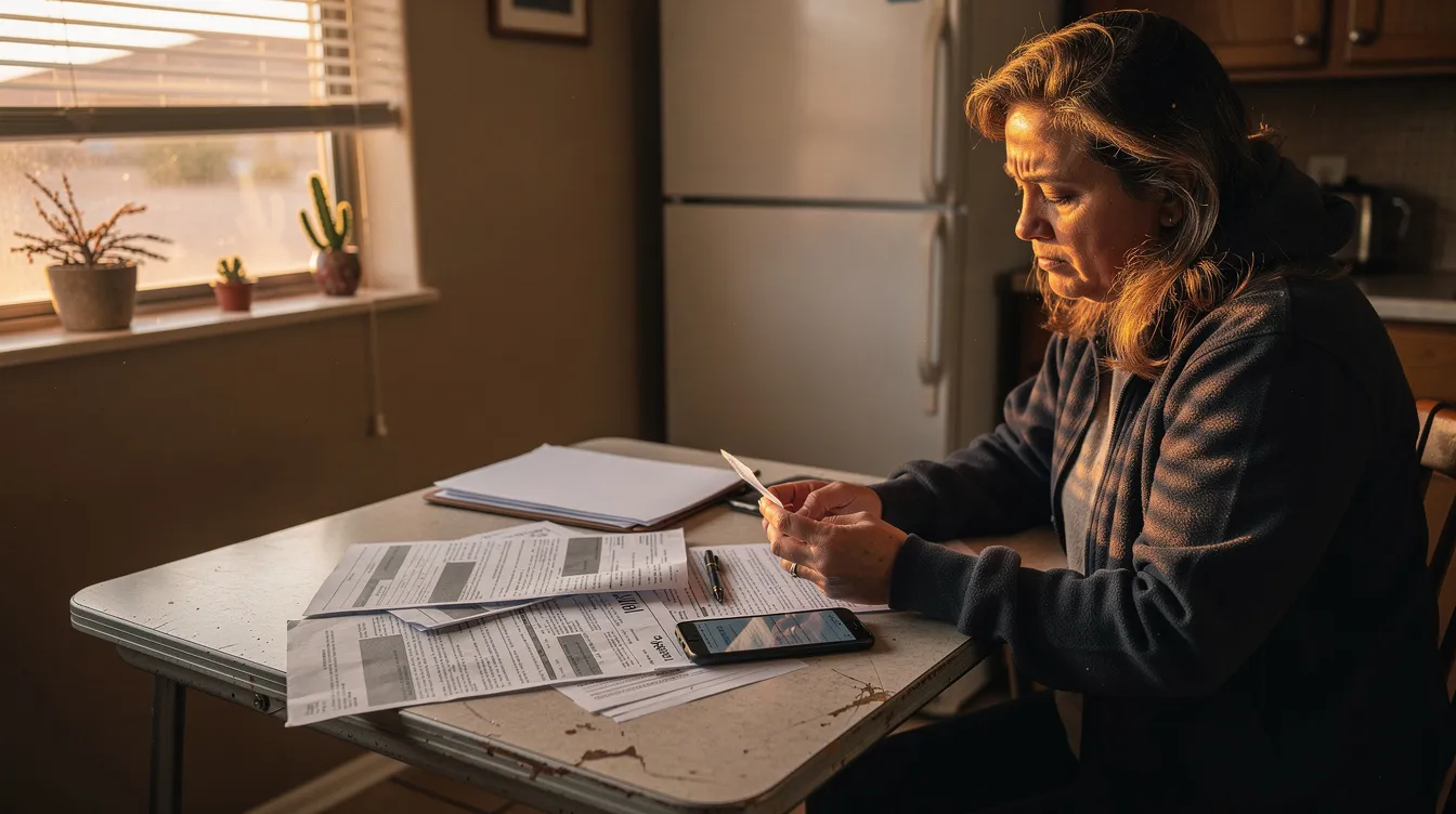 The image depicts a person sitting at a kitchen table in a modest Phoenix home, surrounded by medical bills and insurance paperwork, reflecting a serious and overwhelmed demeanor during the golden hour. The warm sunlight filters through the window, highlighting the challenges faced by car accident victims as they navigate their personal injury claims and medical expenses.