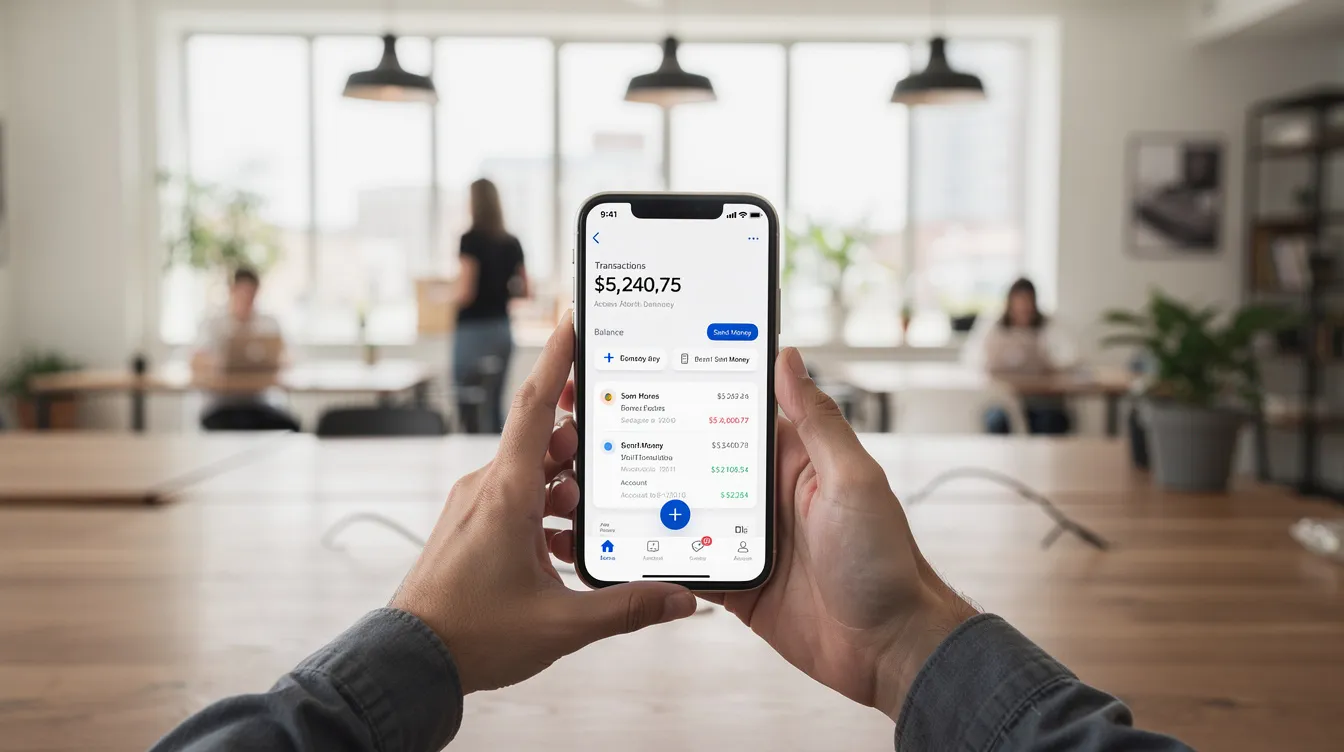A person is holding a smartphone displaying a banking application screen in a modern co-working space, showcasing options for applying for personal loans and features like instant approval and flexible repayment plans. The environment reflects a contemporary workspace, emphasizing the convenience of online loan applications and financial services.