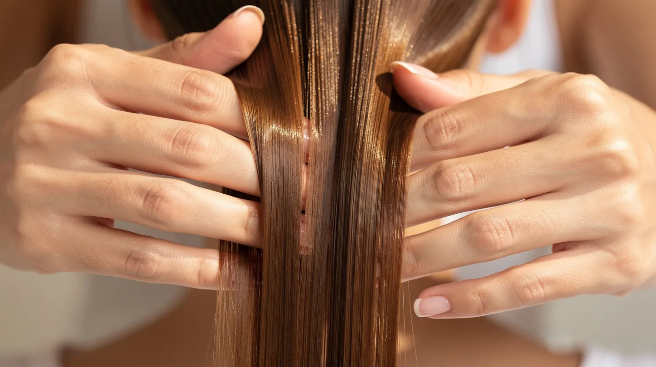 A close-up image shows hands gently running through long, shiny hair ends, highlighting the smooth texture and healthy appearance. This visual emphasizes the importance of using the best hair oils, such as coconut oil or argan oil, to enhance shine and nourish hair strands, making them feel softer and more manageable.
