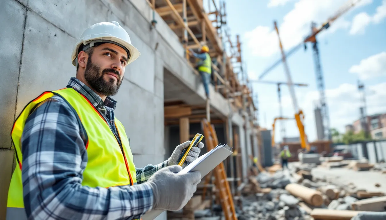 Um profissional, possivelmente um arquiteto ou engenheiro, está realizando uma vistoria técnica em uma construção, utilizando um documento de registro de responsabilidade técnica. Ele avalia a obra, verificando a execução dos projetos e garantindo a segurança e conformidade com as normas.