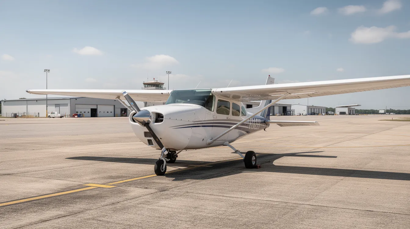 A small general aviation airplane is parked on the tarmac at a regional airport, surrounded by various ground support equipment. The aircraft is ready for maintenance checks, including inspections of its altitude reporting equipment and static pressure system, ensuring compliance with safety regulations.