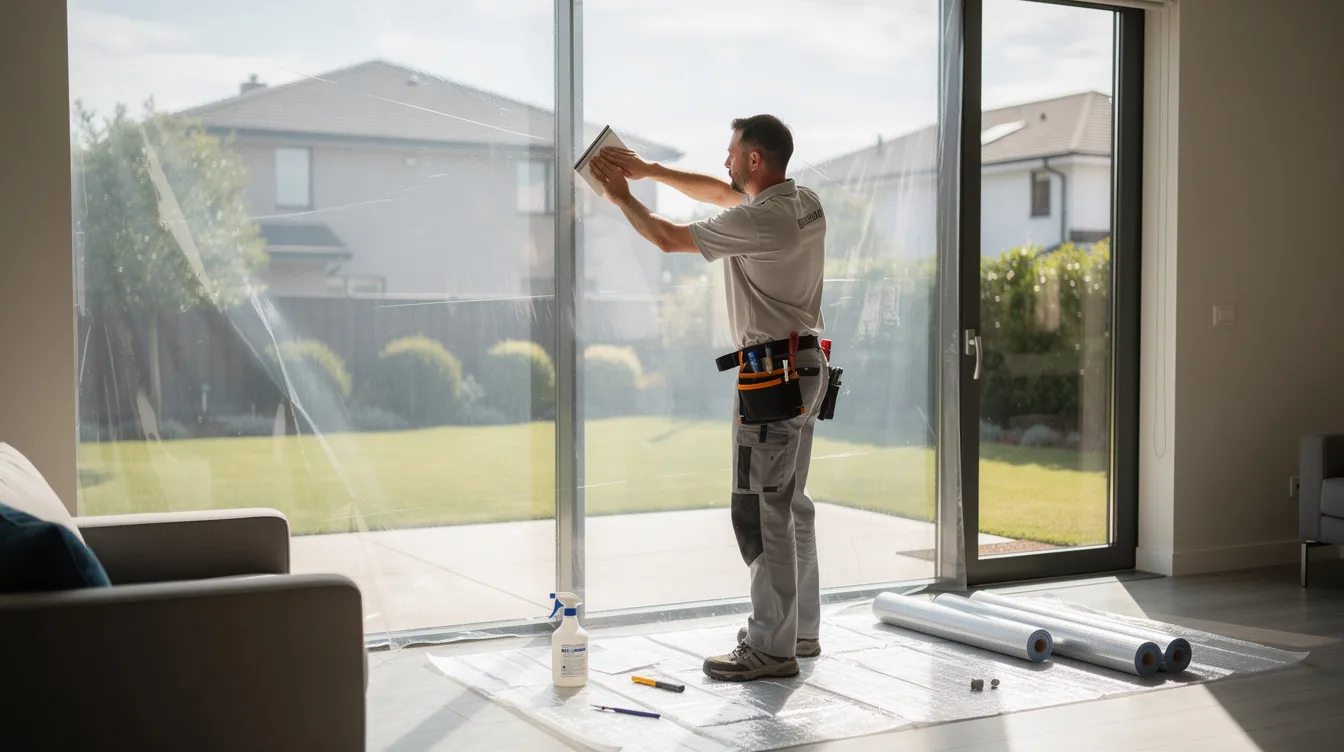 A professional installer is applying a transparent film to a large residential window, allowing sunlight to stream through, showcasing the quality and style of custom window treatments. This image highlights the window covering industry and the importance of professional installation for homeowners seeking to enhance their living spaces.