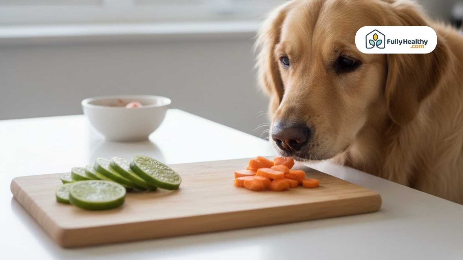 Golden retriever sniffs carrots and lime slices on cutting board in kitchen