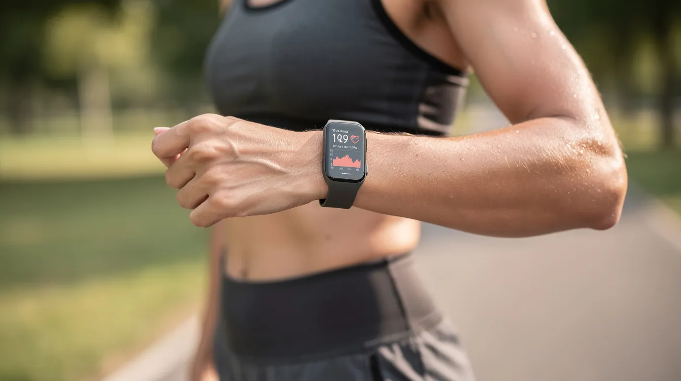 The image shows a person intently checking their fitness tracker or smartwatch, which displays heart rate data. This device can help monitor sleep patterns and the effects of alcohol consumption on sleep quality, including potential issues like sleep apnea and difficulty falling asleep.