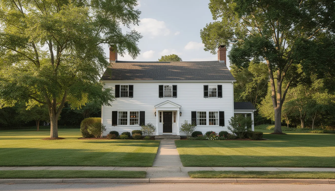 The image depicts a charming New England colonial-style home surrounded by a large front yard adorned with mature trees, showcasing the classic architectural beauty typical of Connecticut. This inviting property reflects the essence of historic homes in the region, making it an appealing option for first-time buyers seeking a quieter lifestyle in Fairfield County.