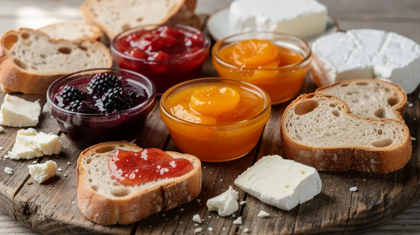 A rustic wooden board displays an inviting traditional Turkish breakfast spread, featuring small bowls of vibrant homemade jams, fresh bread, and white cheese, alongside a selection of olives and fruits. This close-up captures the essence of Turkish cuisine, perfect for a delightful breakfast in Istanbul.