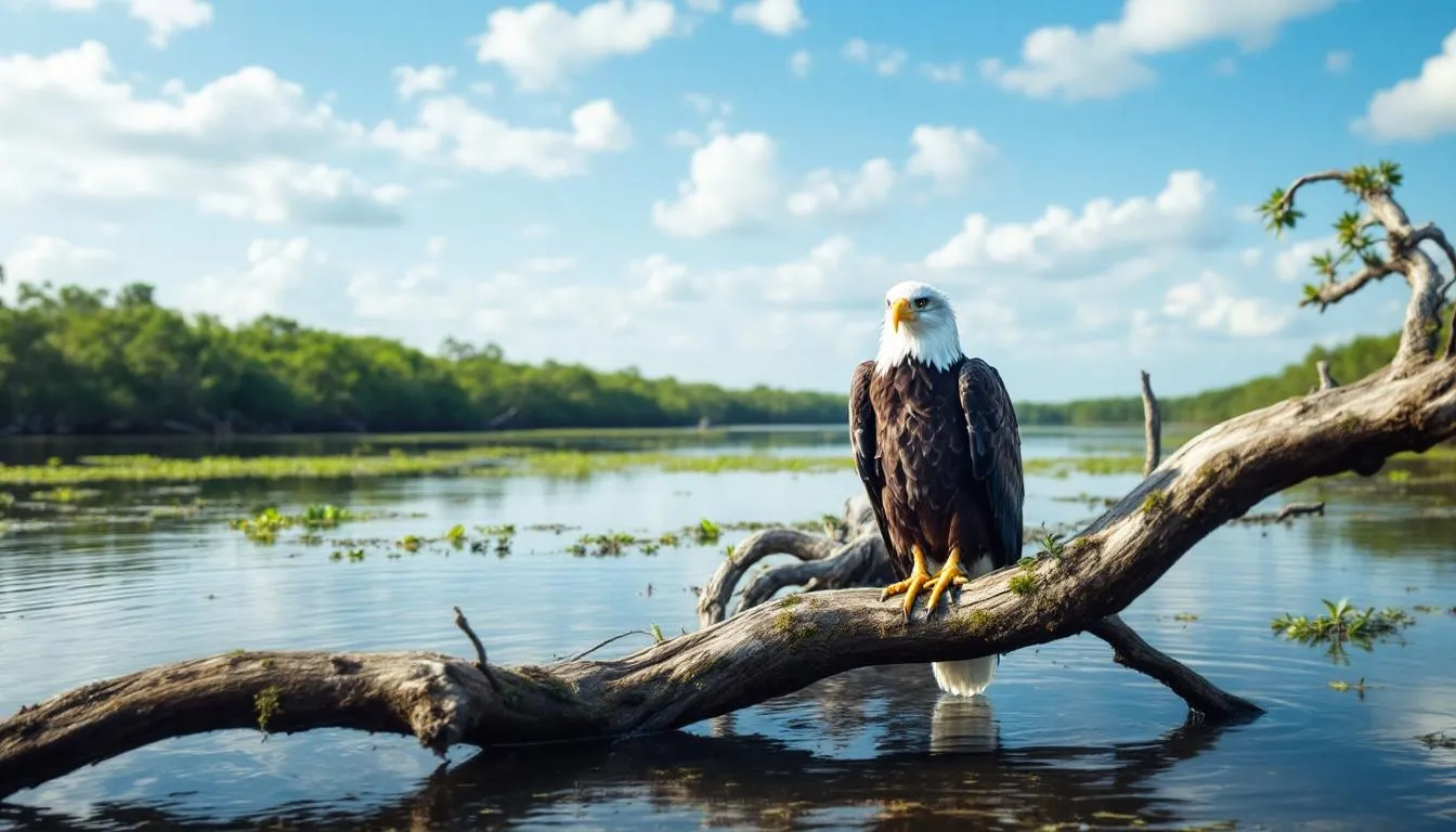 A majestic bald eagle is perched on a mangrove branch, overlooking the serene natural waterways of Pine Island, a paradise for nature lovers. The image captures the essence of this small town in Florida, inviting viewers to explore its beautiful landscapes and real estate opportunities.