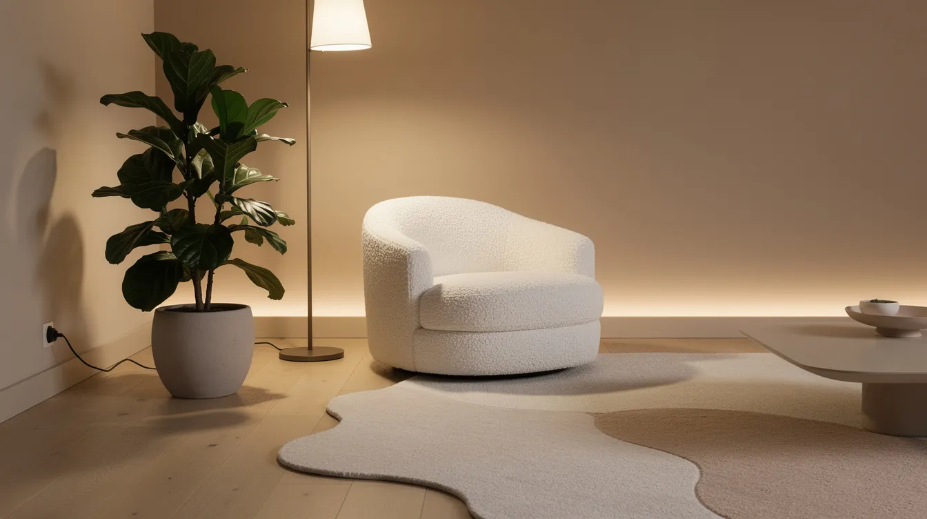Een moderne woonkamer met een ronde fauteuil in bouclé stof, die naast een grote groene plant staat. Het organische vloerkleed en de zachte verlichting creëren een uitnodigende sfeer met vloeiende lijnen en aardse tinten.