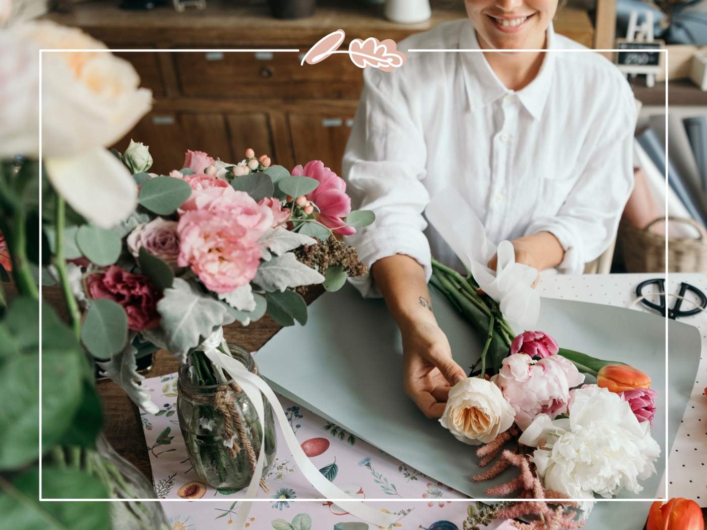 A florist working on a vibrant peony bouquet, adding final touches in '11 Fabulous Reasons to Buy Peonies'