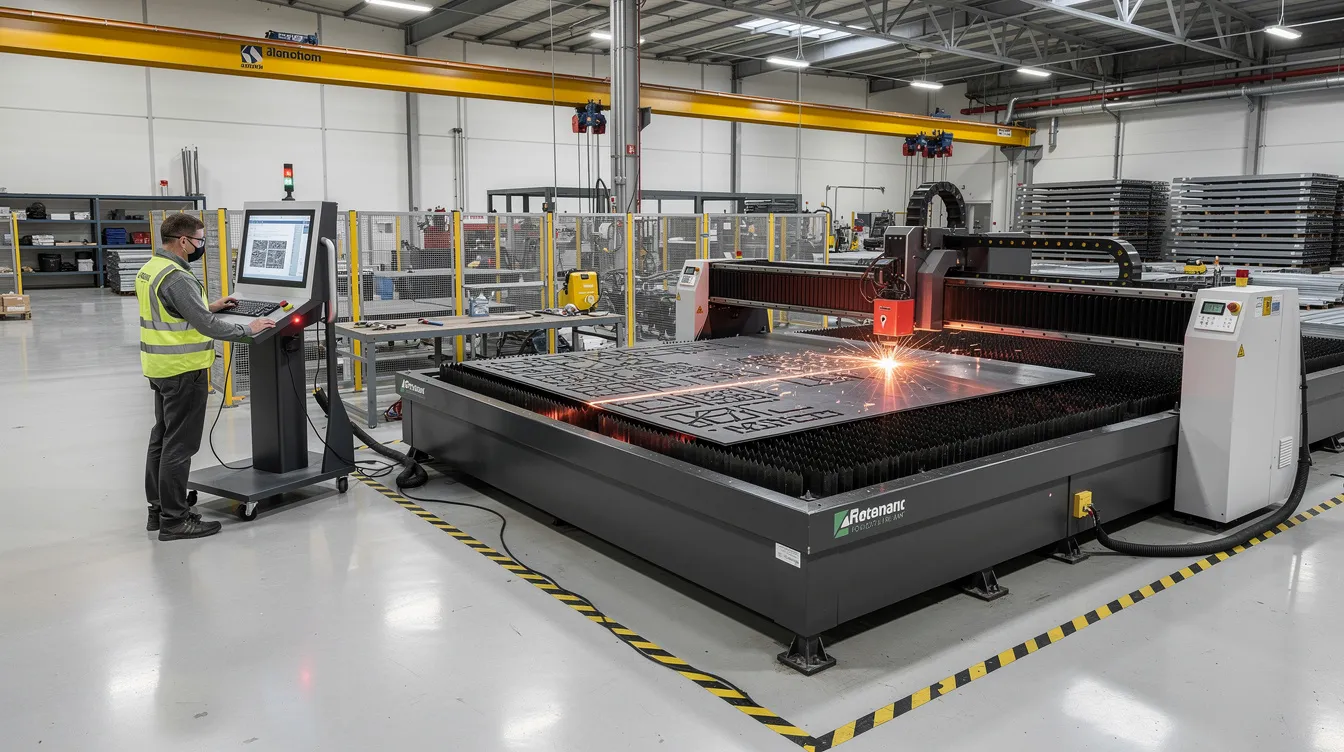 The image depicts the interior of a modern sheet metal fabrication facility, showcasing a fiber laser cutting machine actively in operation. This setting highlights advanced precision sheet metal fabrication techniques, essential for producing high-quality sheet metal components used in various industries, including medical devices and construction equipment.