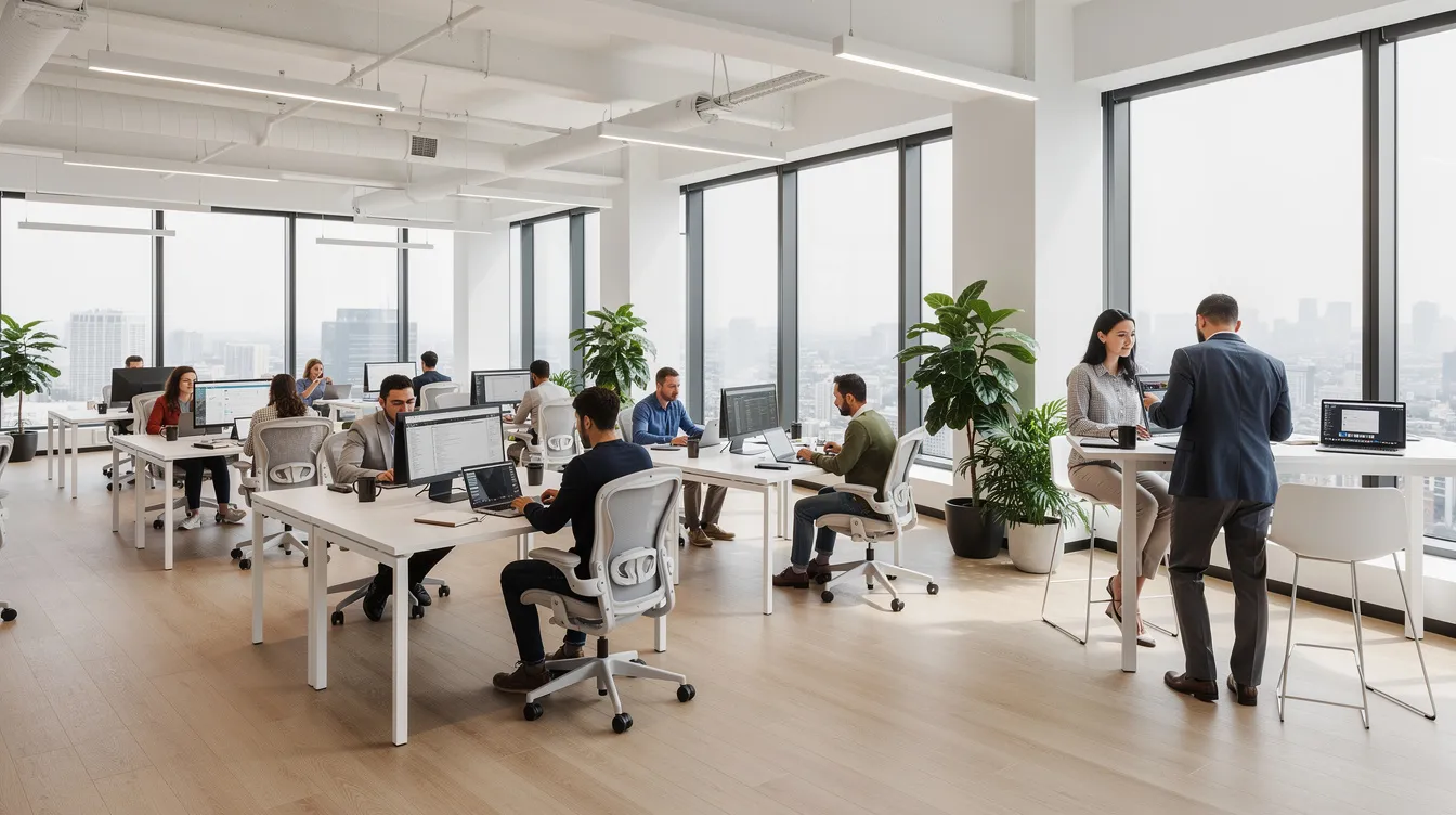 The image depicts a modern open-plan office filled with diverse employees working at desks, illuminated by natural light streaming through large windows, creating a mentally healthy workplace that fosters employee well-being and productivity. This vibrant environment supports mental health by encouraging collaboration and reducing stress among co-workers.