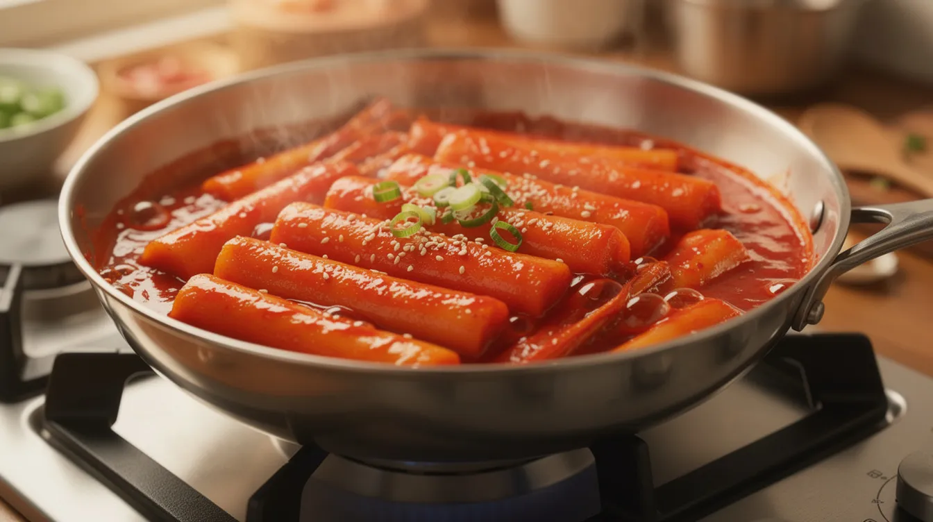 A wide pan on a stovetop contains cylindrical rice cakes simmering in a vibrant, bright red spicy sauce, typical of popular Korean street food. The dish, known as tteokbokki, features chewy rice cakes coated in a delicious blend of Korean red pepper paste, and is garnished with toasted sesame seeds and chopped green onions.