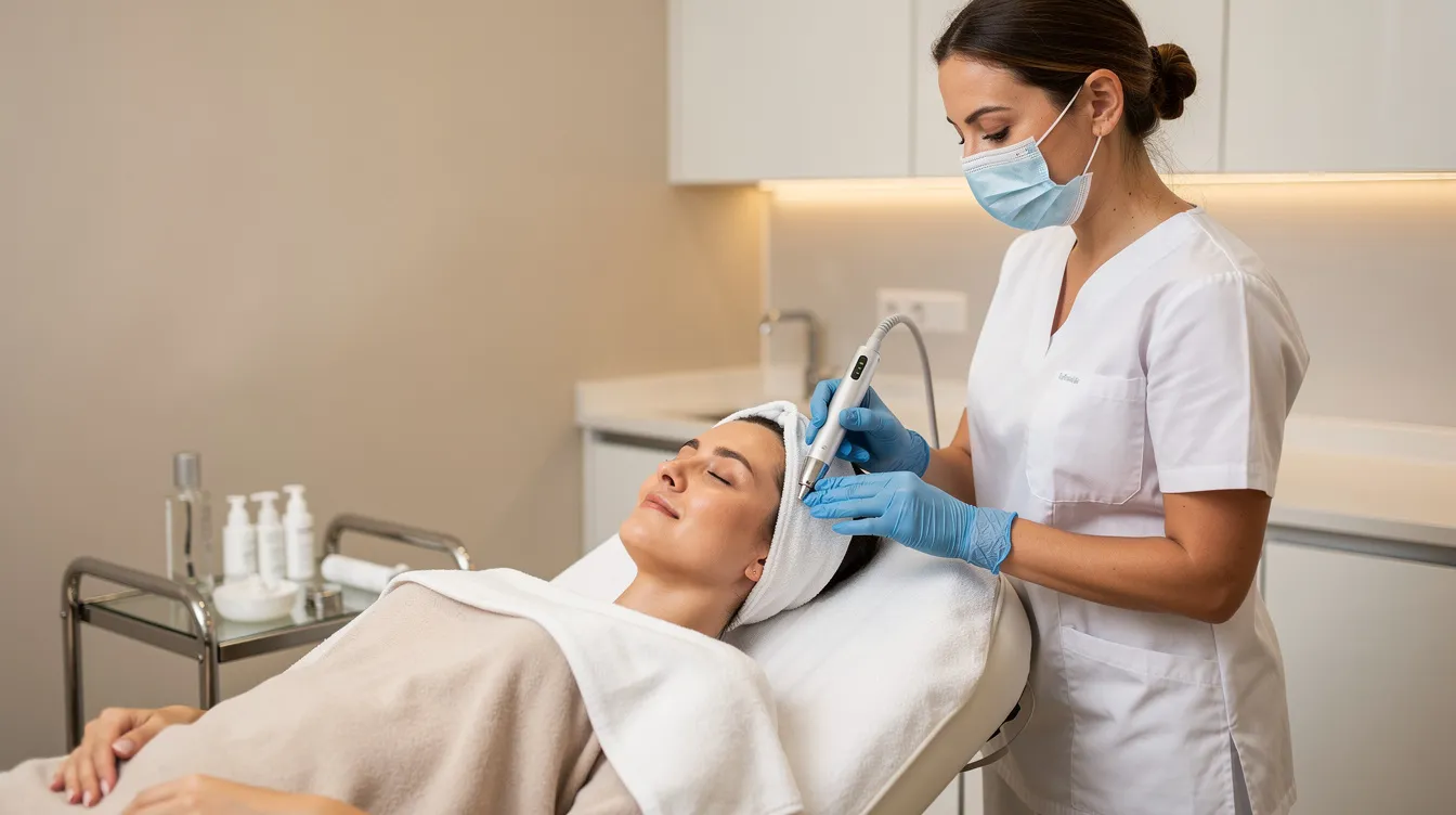 A patient is lying comfortably on a treatment table in a softly lit modern clinic while a provider performs a minimally invasive laser treatment aimed at stimulating collagen production for facial rejuvenation. The procedure is designed to tighten skin and enhance facial contours, offering a non-surgical alternative for those with moderate skin laxity and minimal downtime.
