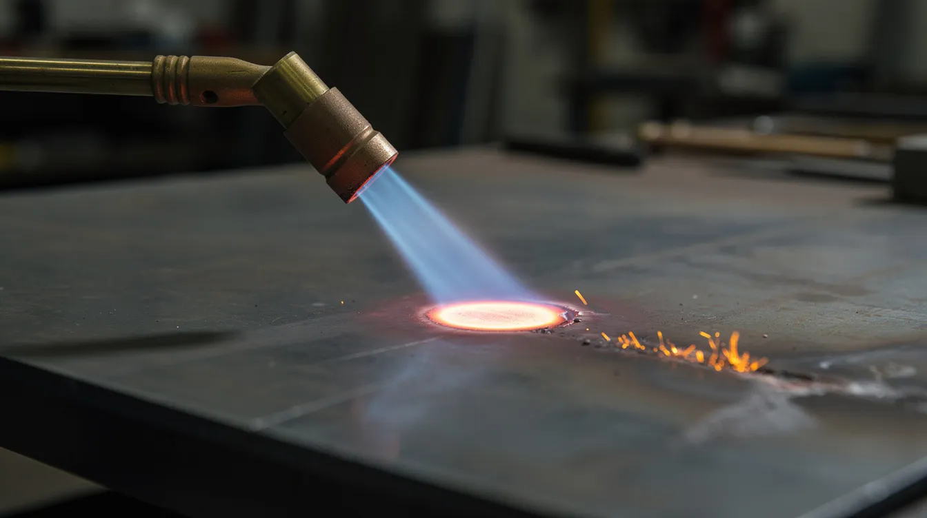 An oxy-acetylene torch flame is heating a small area of a steel panel to a dull red glow, demonstrating the metal shaping process known as torch shrinking. The surrounding metal remains cooler, highlighting the careful control needed to avoid too much heat during the shrinking process.